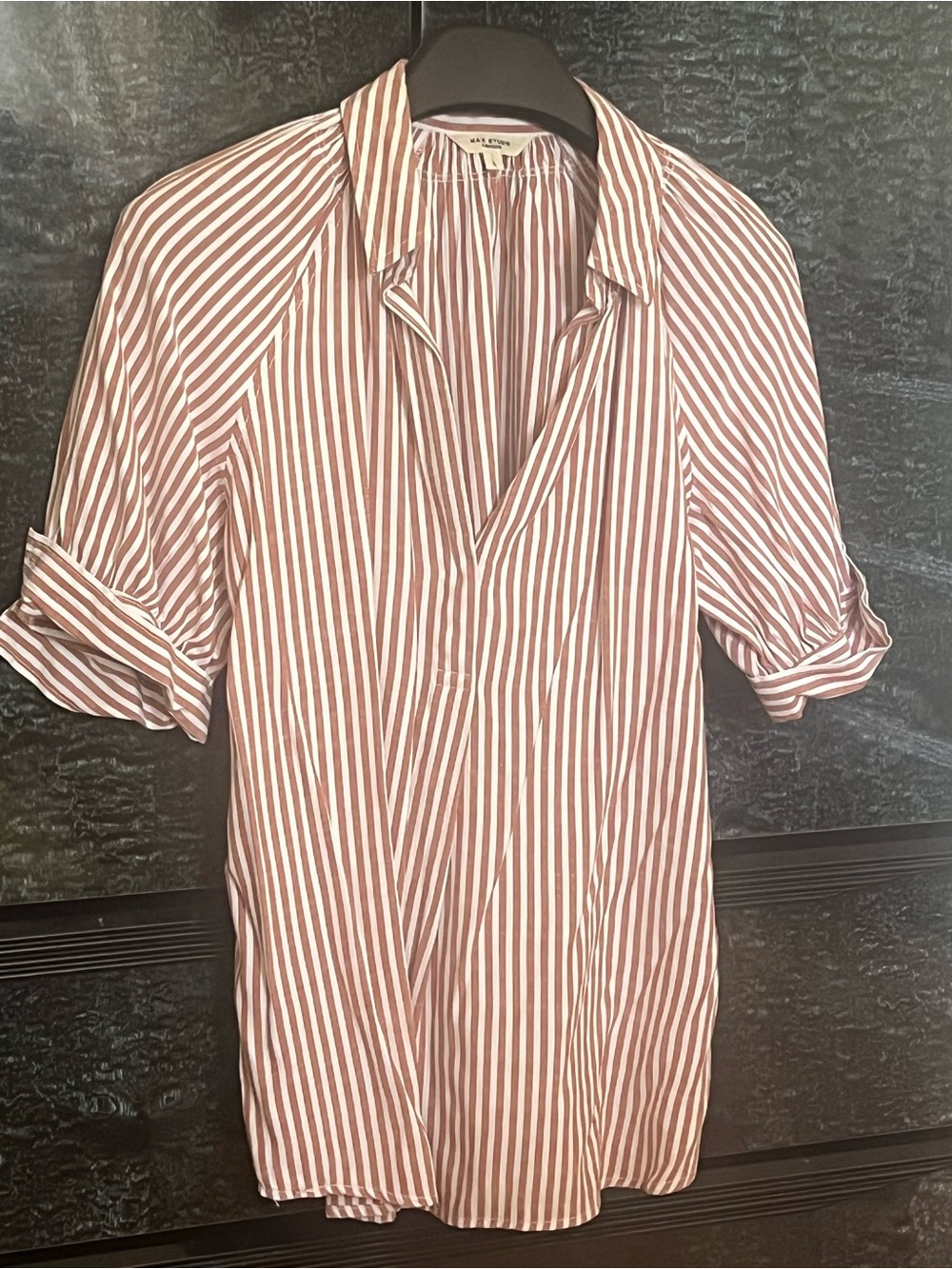 Max Studio Rust and White Striped V-Neck Blouse